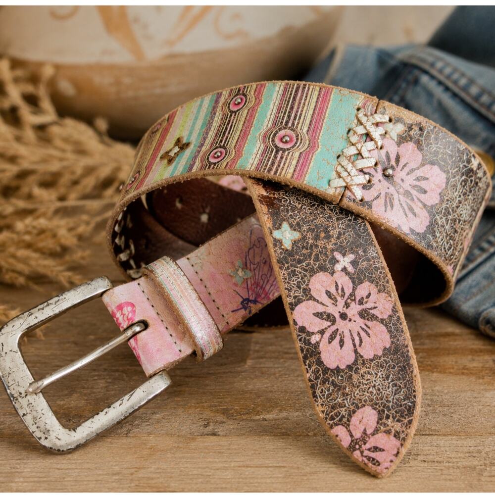 Fossil Boho Floral Leather Belt Pink Turquoise Whipstitch Western Festival L